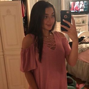 Pink strappy cold shoulder shirt